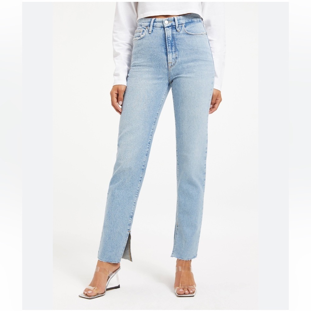 Good American Good Boy High Waist Side Slit Raw Hem Jeans Indigo118 Size 8 NWT